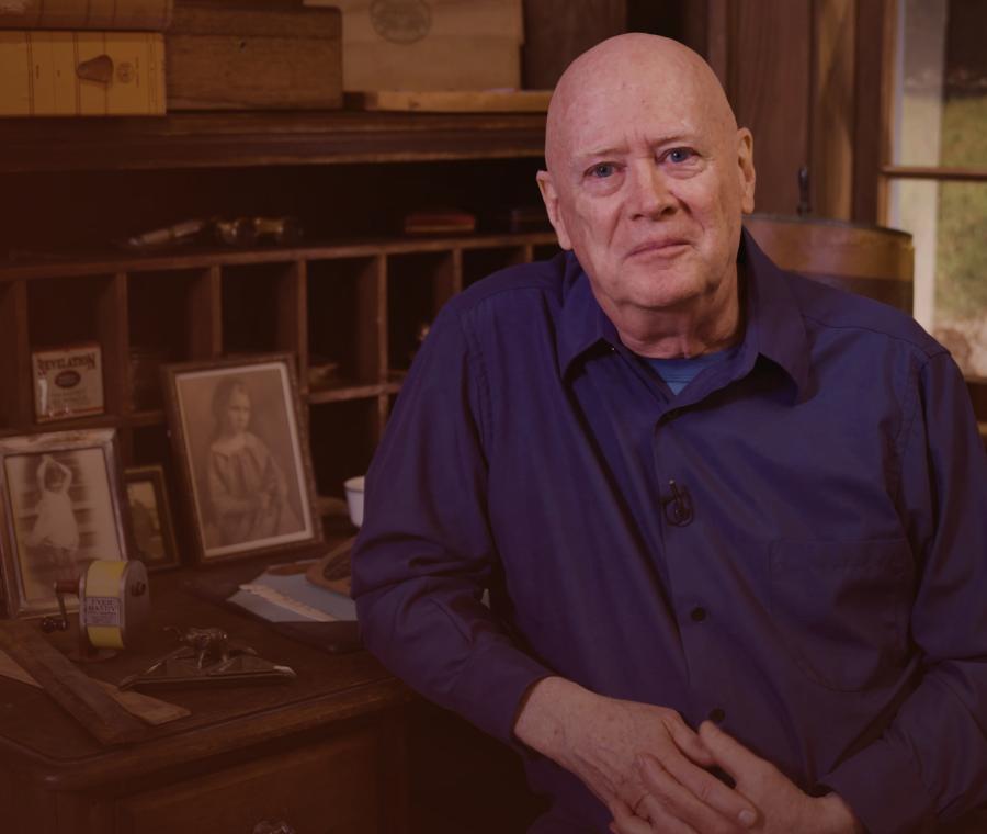 Executive Editor of the Charles Ives Society, James Sinclair, sitting in Ives' Studio at the Academy of Arts and Letters